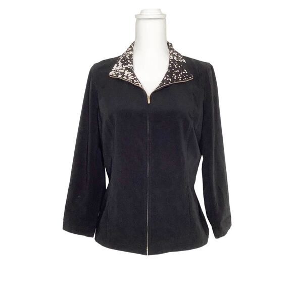 St. John Black Zip Front Jacket Printed Collar Pockets Small - Picture 1 of 6